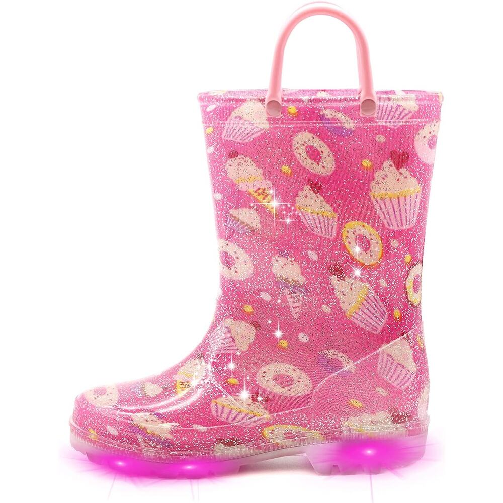 Kids Waterproof Light Up Rain Boots Cupcakes Glitter Boots with Handles Size 3